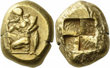 Mysia, Cyzicus 
Stater circa 450-400, EL 16.03 g. Heracles kneeling l., holding a club over his r. shoulder and holding a horn in his l.; in r. field...