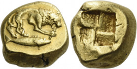 Mysia, Cyzicus 
Stater circa 420, EL 15.85 g. Lion standing r., grasping sword by handle with r. forepaw and biting blade while bending it with l.; b...
