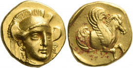 Lampsacus 
Stater circa 394-350, AV 8.40 g. Head of Athena facing three-quarters r., wearing triple-crested helmet, earrings and necklace. Rev. Forep...