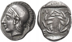 Aeolis, Elaia 
Diobol circa 460-400, AR 1.30 g. Head of Athena l., wearing crested Attic helmet. Rev. E – Λ – A – I Wreath within shallow incuse squa...