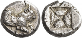 Lesbos, Mytilene 
Drachm circa 521-478, AR 4.12 g. Forepart of winged bull r. Rev. Quadripartite incuse square divided diagonally. Imhoof-Blumer 804 ...