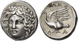 Clazomenae 
Drachm circa 370, AR 4.09 g. Laureate head of Apollo facing three-quarters l. Rev. [AΠΟ]ΛΛΑΣ Swan standing l., with open wings; below, KΛ...