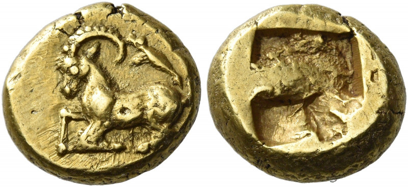 Phocaea 
Hecte circa 625-575, EL 2.59 g. Ibex recumbent l.; above, seal. Rev. R...