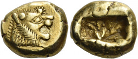 Kings of Lydia. Alyattes, circa 620/610-560 
Third of siglos or Trite, Sardes before 561, EL 4.72 g. Lion's head with open jaws; on forehead, dot wit...