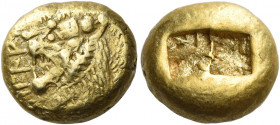 Kings of Lydia. Alyattes, circa 620/610-560 
Third of siglos or Trite, Sardes before 561, EL 4.69 g. Head of lion l. with open jaws; in l. field, fal...