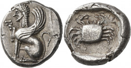 Dynasts of Lycia, Uncertain, circa 500 – 440 
Stater circa 500-440, AR 9.30 g. Sphinx seated l., raising its r. foreleg. Rev. Crab, within an incuse ...