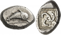 Kuprlli, circa 485 – 440 
Stater, Aperlai (?) circa 470-440, AR 9.73 g. Dolphin r. above double dotted line. Rev. Triskeles, r. leg ending in griffin...