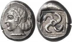 Teththiveibi, circa 440 – 430 
Stater, Antiphelos (?) circa 440-430, AR 9.85 g. Head of Aphrodite l. wearing earring and necklace and pearl-band. Rev...