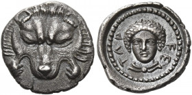 Vedrei, circa 380-370 
1/6 stater, mint in Tlos region circa 380-370, AR 1.31 g. Facing lion scalp. Rev. tlr –fr in Lycian characters Facing draped b...