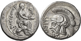 Cilicia, Nagidos 
Pharnabazus, 380-375. Stater circa 380-375, AR 10.68 g. ΝΑΓΙΔΙΚΟΝ Aphrodite seated r. on throne decorated with a sphinx, holding ph...