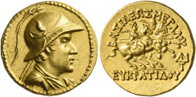 Eucratides I, circa 171 – 145 
Stater, Pushkalavati circa 170-145, AV 8.47 g. Draped bust r., wearing diademed helmet, adorned with bull's horn and e...