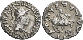 Menander II, circa 90 – 80 
Drachm circa 90-80, AR 2.14 g, BAΣIΛEΩΣ ΔIKAIOY MENANΔPOY Diademed, draped, and cuirassed bust r., wearing crested helmet...