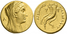 Ptolemy II Philadelphos, 285 – 246 
In the name of Arsinoe II. Octodrachm, Alexandria circa 252-249, AV 27.73 g. Diademed and veiled head of the deif...