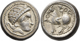 Eastern Europe 
Tetradrachm imitations of Philip II, Dachreiter type, struck by the Skordoski in Syrmia circa III century BC, AR 15.12 g. Beardless h...