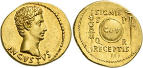Octavian as Augustus, 27 BC – 14 AD
Aureus, Caesaraugusta (?) circa 19-18 BC, AV 7.77 g. AVGVSTVS Bare head r. Rev. SIGNIS / RECEPTIS Aquila on r. an...