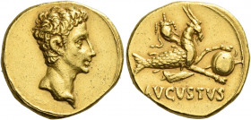 Octavian as Augustus, 27 BC – 14 AD 
Aureus, Colonia Patricia (?) circa 18-17/16 BC, AV 7.90 g. Bare head r. Rev. Capricorn r., holding globe over ru...
