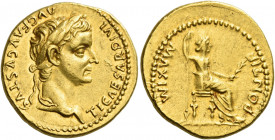 Tiberius augustus, 14 – 37 
Aureus, Lugdunum 14-37, AV 7.70 g. TI CAESAR DIVI – AVG F AVGVSTVS Laureate head r. Rev. PONTIF – MAXIM Pax-Livia figure ...
