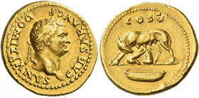 Domitian caesar, 69 – 81 
Aureus 77-78, AV 7.44 g. CAESAR AVG F – DOMITIANVS Laureate head r. Rev. COS V She-wolf l., with twins; in exergue, boat. C...
