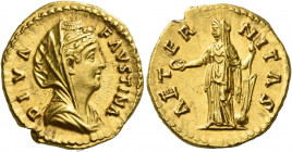 Faustina I, wife of Antoninus Pius 
Diva Faustina. Aureus after 141, AV 7.13 g. DIVA – FAVSTINA Veiled and draped bust r., hair coiled on top of head...