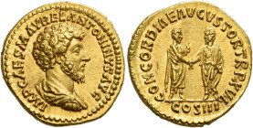 Marcus Aurelius augustus, 161 – 180 
Aureus 161-162, AV 7.26 g . IMP CAES M AVREL ANTONINVS AVG Bare-headed, draped and cuirassed bust r. Rev. CONCOR...