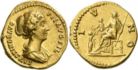 Faustina II, daughter of Antoninus Pius and wife of Marcus Aurelius
Aureus 161-176, AV 7.19 g. FAVSTINAE AVG – P II AVG FIL Draped bust r. Rev. IV – ...