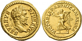 Septimius Severus, 193 – 211 
Aureus 203, AV 7.44 g. SEVERVS PIVS AVG Laureate head r. Rev. VICTORIA PARTHICA MAXIMA Victory advancing l., holding wr...