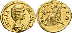 Julia Domna, wife of Septimius Severus 
Aureus circa 196-211, AV 7.28 g. IVLIA AVGVSTA Draped bust r. Rev. MA – TER DEVM Cybele seated l. on throne, ...