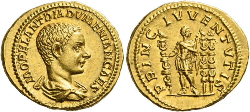 Diadumenian caesar, 217 – 218 
Aureus late 217, AV 7.25 g. M OPEL ANT DIADVMENI...