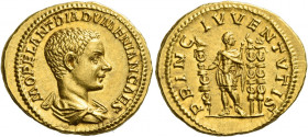 Diadumenian caesar, 217 – 218 
Aureus late 217, AV 7.25 g. M OPEL ANT DIADVMENIAN CAES Bare-headed and draped bust r. Rev. PRINC IVVENTVTIS Diadumeni...