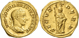 Gordian III augustus, 238 – 244 
Aureus circa 243-244, AV 4.88 g. IMP GORDIANVS PIVS FEL AVG Laureate, draped and cuirassed bust r. Rev. SECVR – IT P...