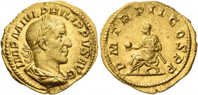 Philip I, 244 – 249 
Aureus circa 246, AV 4.56 g. IMP M IVL PHILIPPVS AVG Laureate, draped and cuirassed bust r. Rev. P M TR P II COS P P Emperor sea...