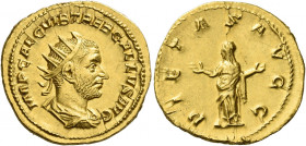 Trebonianus Gallus augustus, 251 – 253 
Binio circa 251-253, AV 6.10 g. IMP CAE C VIB TREB GALLVS AVG Radiate, draped and cuirassed bust r. Rev. PIET...
