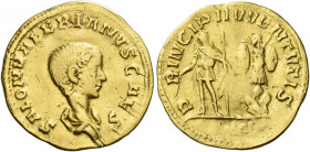 Saloninus caesar, 256 – 260 
Aureus, Colonia Agrippinensis circa 258-260, AV 2.57 g. SALON VALERIANVS CAES Bare-headed and draped bust r. Rev. P – RI...