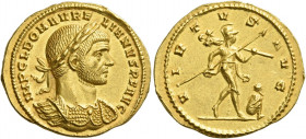 Aurelian, 270 – 275 
Aureus 2nd half 274, AV 4.12 g. IMP C L DOM AVRE – LIANVS P F AVG Laureate and cuirassed bust r. Rev. V – IRTVS AVG Mars stridin...
