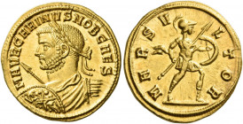 Carinus caesar, 282 – 283 
Aureus, Siscia circa 282, AV 4.60 g. M AVR CARINVS NOB CAES Laureate, draped and cuirassed bust l., holding a transverse s...