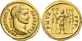 Diocletian, 284 – 305 
Aureus, Cyzicus 286, AV 5.44 g. DIOCLETIANVS – AVGVSTVS Laureate head r. Rev. P M TR – P P P Emperor standing l., raising l. h...