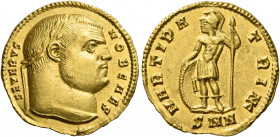 Severus II caesar, 305 – 306 
Aureus Nicomedia 305-July 306, AV 5.27 g. SEVERVS – NOB CAES Laureate head r. Rev. MARTI PA – TRI NK Mars, helmeted, st...