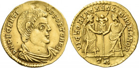 Decentius caesar, 351 – 353 
Solidus, Trier 351, AV 3.80 g. D N DECENTI – VS FORT CAES Bare-headed, draped and cuirassed bust r. Rev. VICTORIA CAES L...