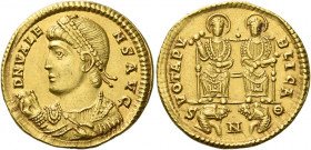 Valens, 364 – 378 
Solidus, Nicomedia quinquennalia 368, AV 4.44 g. D N VALE– NS AVG Pearl-diademed bust l., wearing imperial mantle and holding mapp...