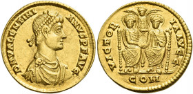 Valentinian II, 375 – 392 
Solidus, Mediolanum 378–383, AV 4.15 g. D N VALENTINI – ANVS IVN P F AVG Pearl-diademed, draped and cuirassed small bust r...