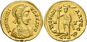 Honorius, 393-423 
Solidus, Ravenna after 408, AV 4.36 g. D N HONORI – VS P F AVG Helmeted bust r., diademed, draped and cuirassed. Rev. VICTORI – A ...