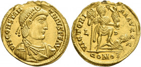Constantinus III, 407 – 411 
Solidus, Lugdunum 408-409, AV 4.46 g. D N CONSTAN – TINVS P F AVG Pearl-diademed, draped and cuirassed bust r. Rev. VICT...
