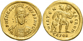 Theodosius II, 402 – 450 
Solidus, Thessalonica circa 441-442, AV 4.43 g. D N THEODO – SIVS P F AVG Helmeted, pearl- diademed and cuirassed bust faci...
