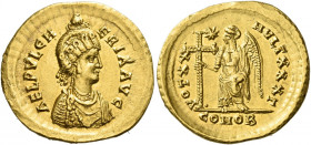 Aelia Pulcheria, sister of Theodosius II 
Solidus, Constantinopolis 423–429, AV 4.42 g. AEL PVLCH – ERIA AVG Pearl-diademed and draped bust r., weari...