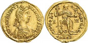 Valentinian III, 425 – 455 
Solidus, Roma 440–455, AV 4.43 g. D N PLA VALENTI – NIANVS P F AVG Rosette-diademed, draped and cuirassed bust r. Rev. VI...