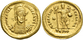 Marcian, 450 – 457 
Solidus, Thessalonica circa 450-457, AV 4.43 g. D N MARCIA – NVS P F AVG Helmeted, pearl-dia­demed and cuirassed bust facing thre...