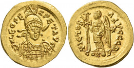 Leo I, 457 – 474 
Solidus, Constantinopolis circa 462-466, AV 4.37 g. D N LEO PE – RPET AVG Helmeted, pearl- diademed and cuirassed bust facing three...