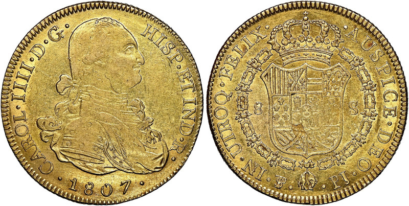 Bolivia 
Charles IV of Spain, 1788-1808. AV 8 Escudos, 1807 PJ, Potosi mint, 0....