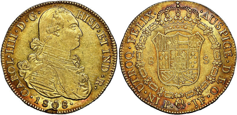 Colombia 
Charles IV of Spain, 1788-1808. AV 8 Escudos, 1808P JF, Popayan mint,...