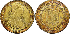 Colombia 
Charles IV of Spain, 1788-1808. AV 8 Escudos, 1808P JF, Popayan mint, 0.7615oz (KM62.2).
Flan flaw at 6h otherwise a piece exhibiting grea...